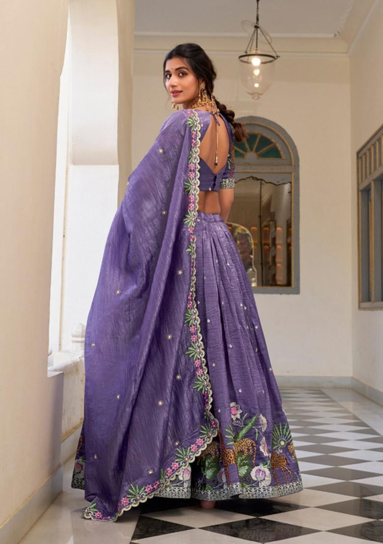 Lavender Embroidered Silk Blend Lehenga Set - Indya