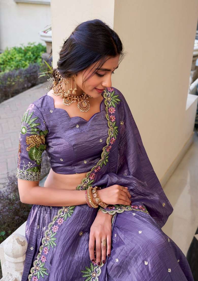 Lavender Silk Blend Lehenga Set with Embroidered for Diwali | Wedding & Festive Wear - Indya