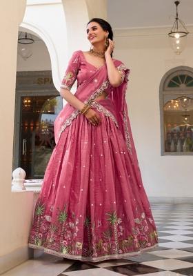 Pink Embroidered Silk Blend Lehenga Set