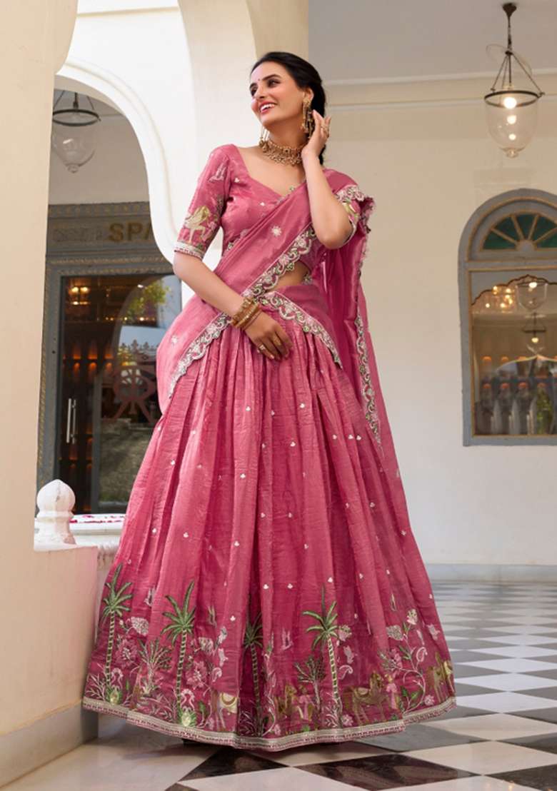 Pink Embroidered Silk Blend Lehenga Set for Diwali and Festive Wear - Indya