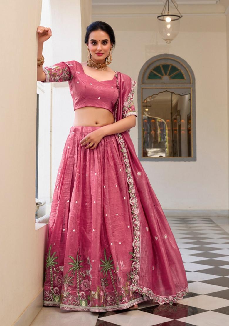 Pink Embroidered Silk Blend Lehenga Set - Indya