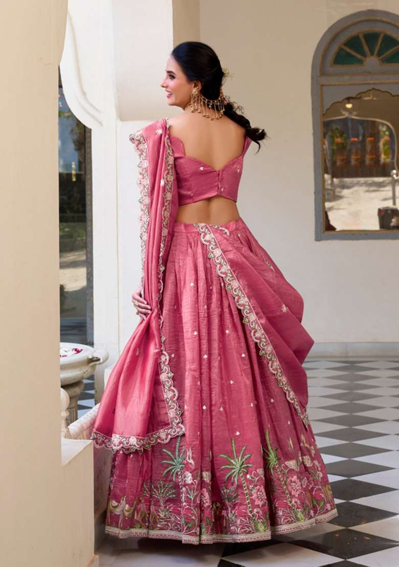 Pink Embroidered Silk Blend Lehenga Set for Diwali and Festive Wear - Indya