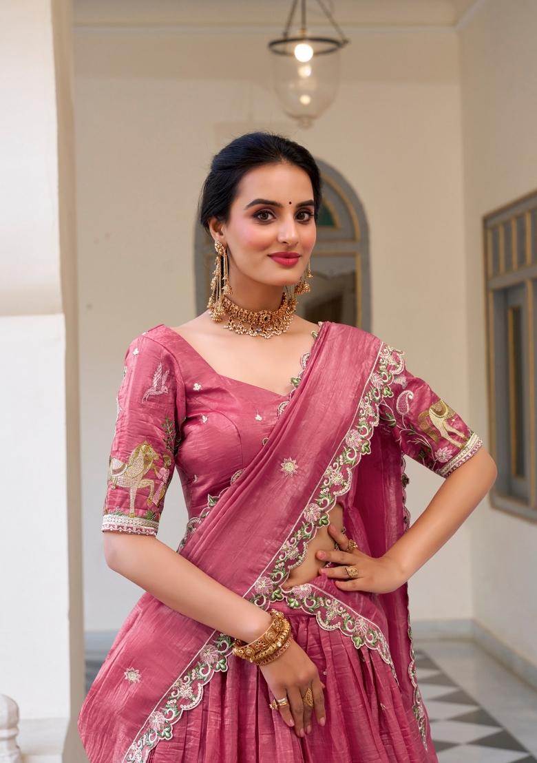 Pink Embroidered Silk Blend Lehenga Set - Indya