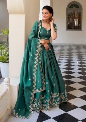 Teal Embroidered Silk Blend Lehenga Set