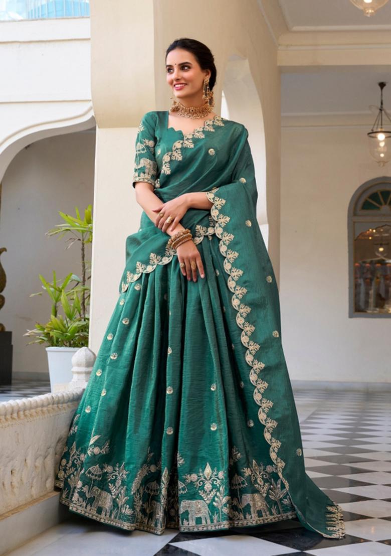 Teal Embroidered Silk Blend Lehenga Set - Indya