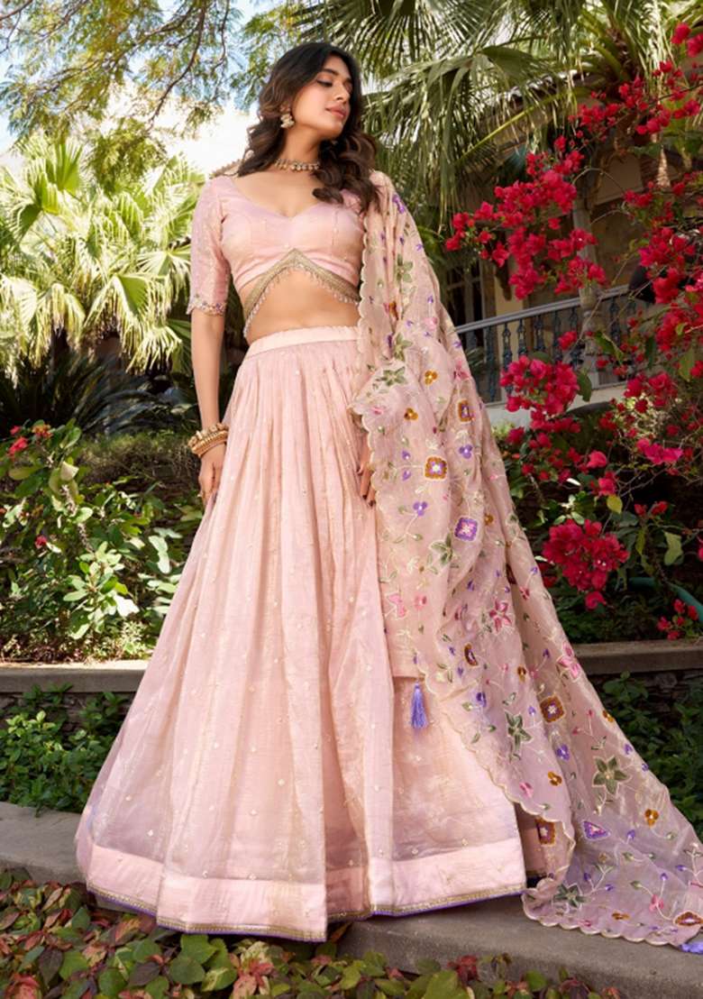 Light Pink Cotton Lehenga Set with Embroidered for Diwali | Wedding & Festive Wear - Indya