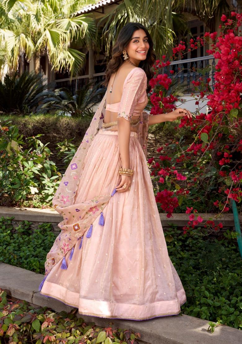 Light Pink Embroidered Cotton Lehenga Set - Indya