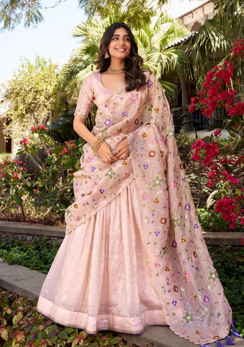Light Pink Cotton Lehenga Set with Embroidered for Diwali | Wedding & Festive Wear - Indya