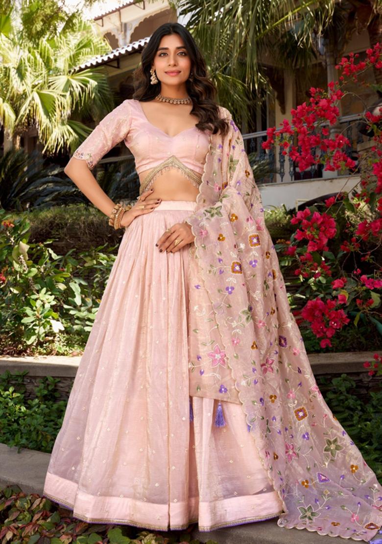 Light Pink Embroidered Cotton Lehenga Set - Indya