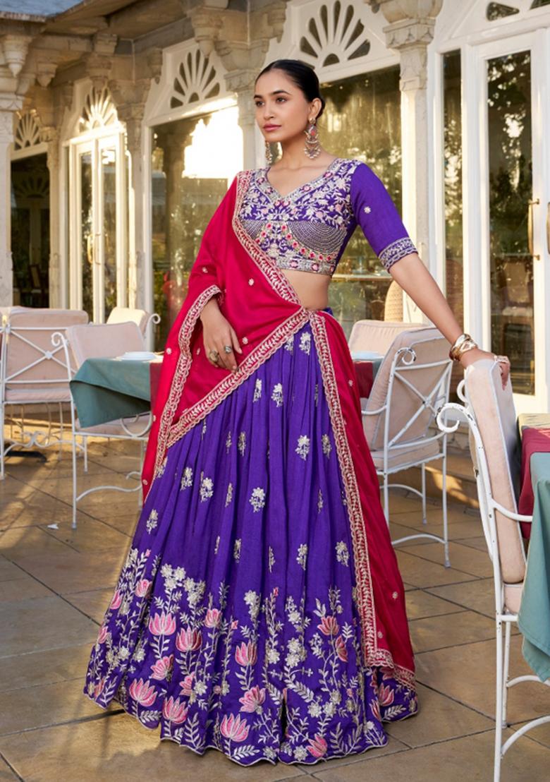 Purple Embroidered Silk Blend Lehenga Set - Indya
