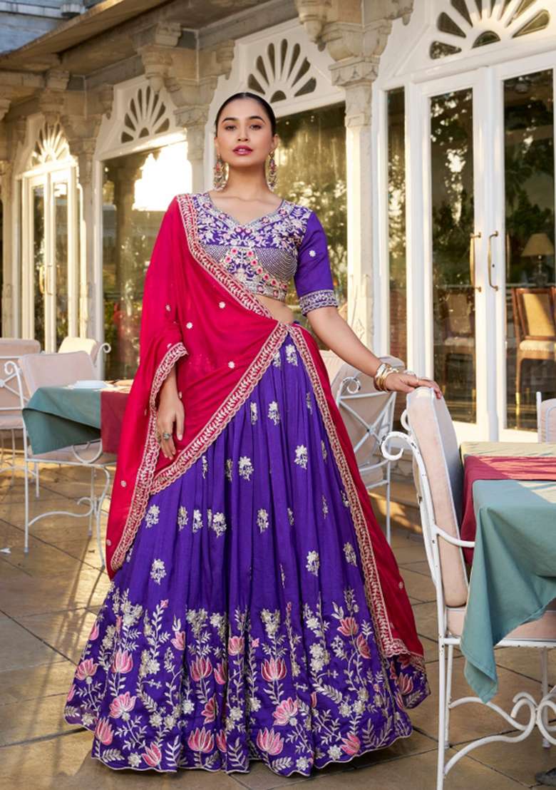 Purple Silk Blend Lehenga Set with Embroidered for Diwali | Wedding & Festive Wear - Indya