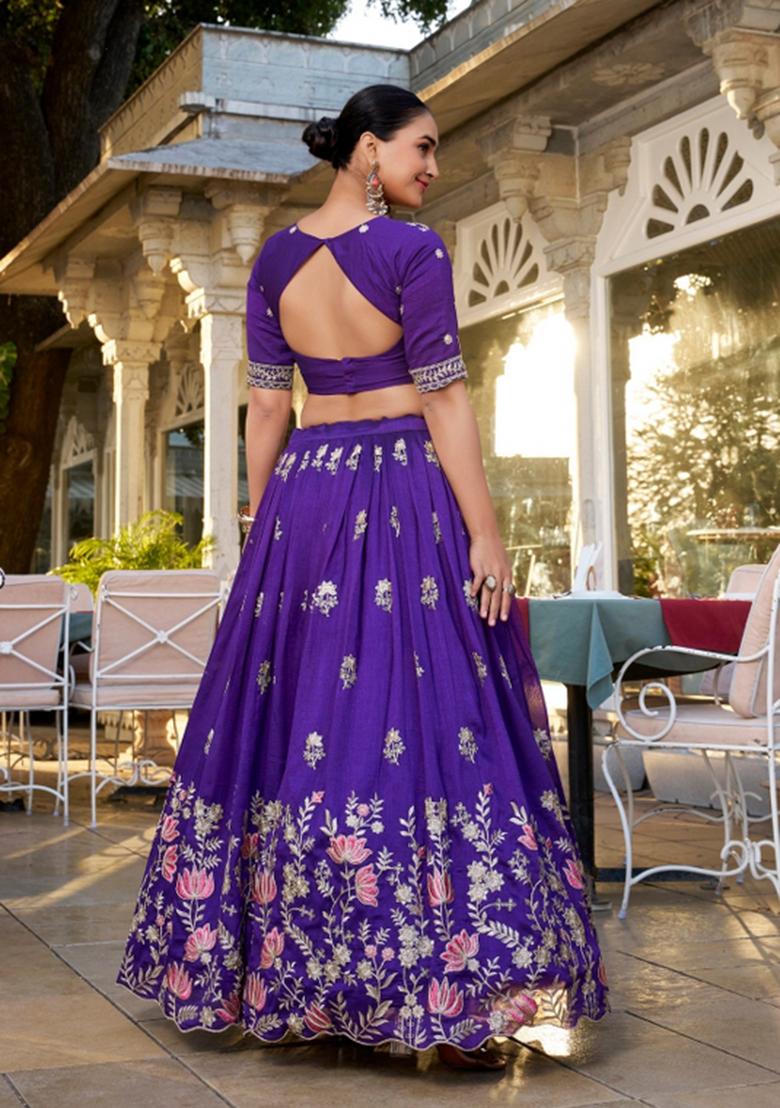 Purple Embroidered Silk Blend Lehenga Set - Indya
