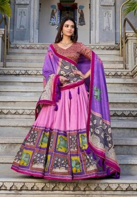 Peach Foil Work Silk Blend Lehenga Set