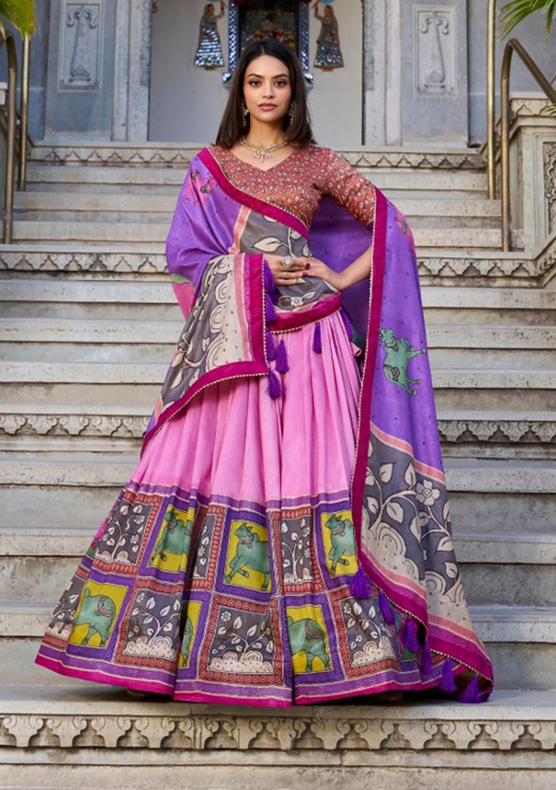 Peach Foil Work Silk Blend Lehenga Set - Indya