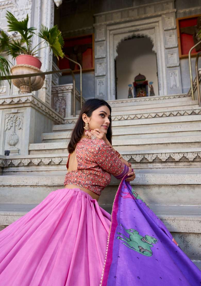 Peach Foil Work Silk Blend Lehenga Set for Diwali | Wedding & Festive Wear - Indya