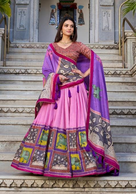 Peach Foil Work Silk Blend Lehenga Set