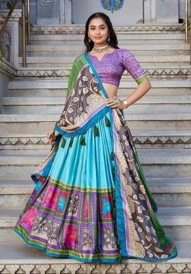 Sky Blue Foil Work Silk Blend Lehenga Set