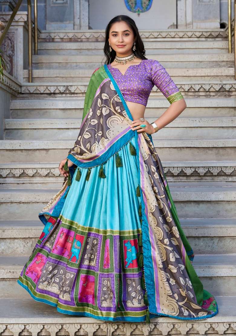 Sky Blue Foil Work Silk Blend Lehenga Set for Diwali | Wedding & Festive Wear - Indya