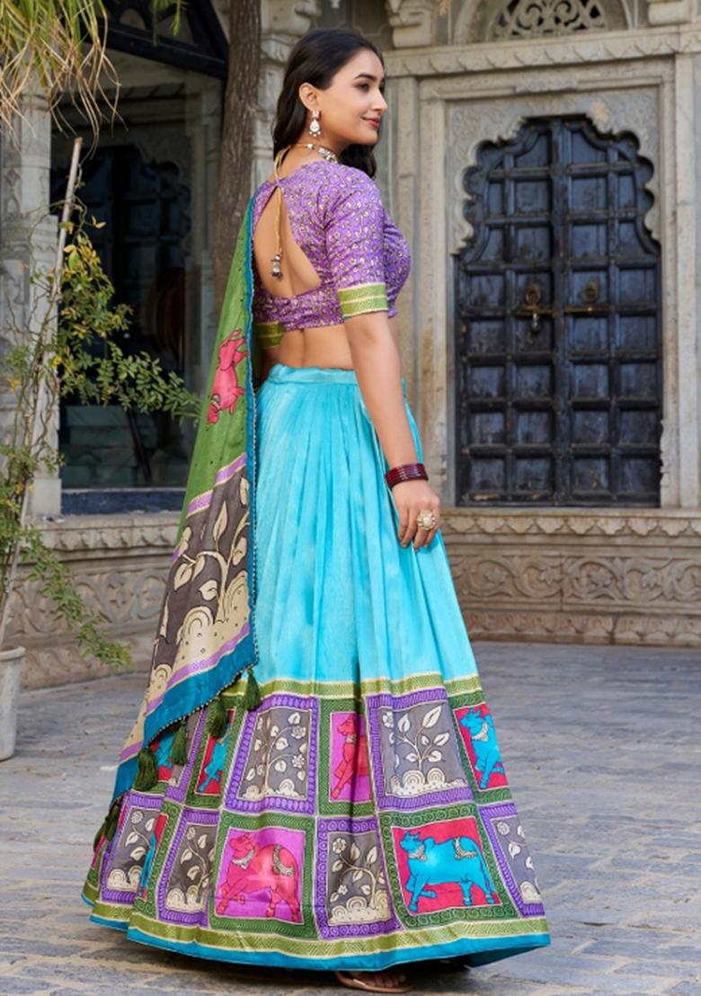 Sky Blue Foil Work Silk Blend Lehenga Set - Indya