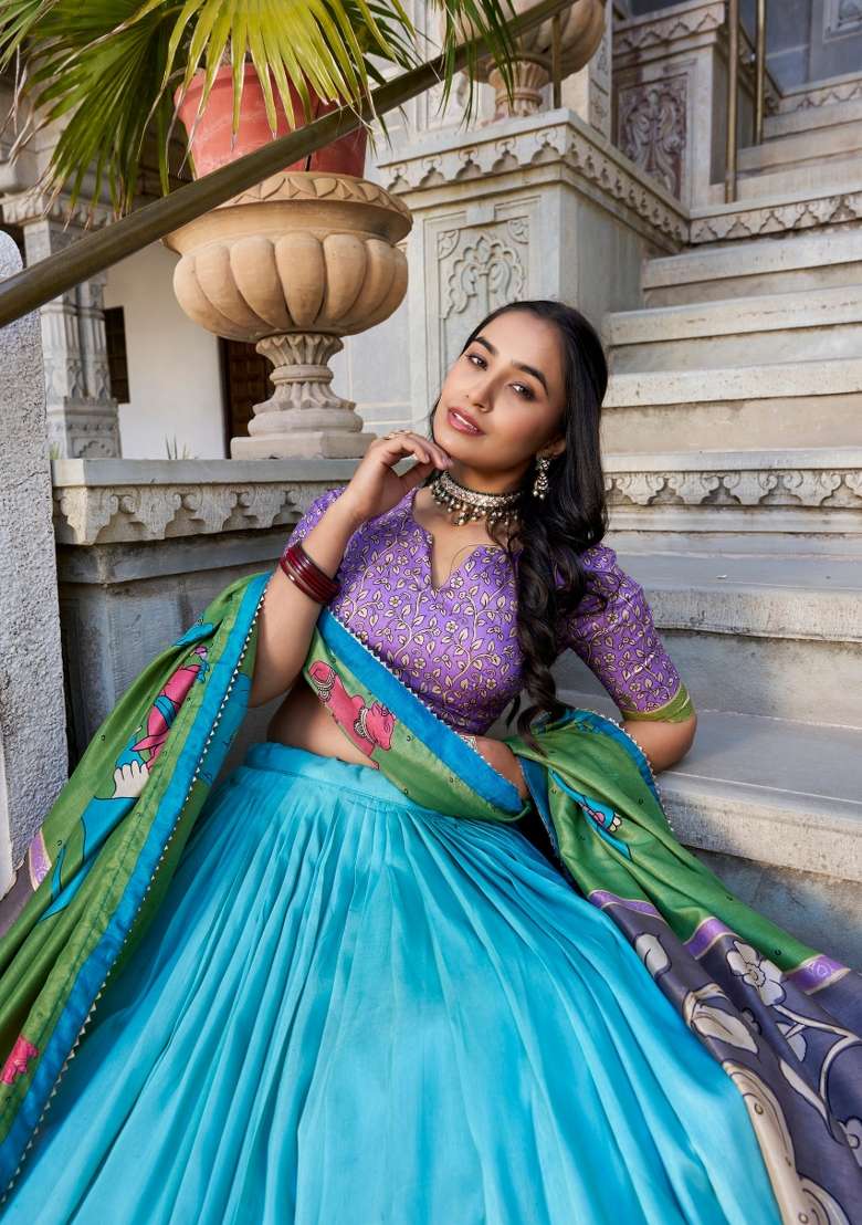 Sky Blue Foil Work Silk Blend Lehenga Set for Diwali | Wedding & Festive Wear - Indya