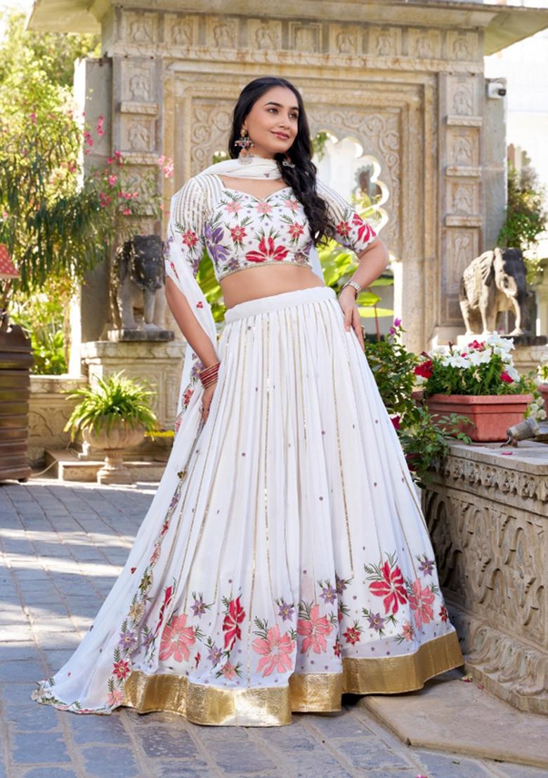 White Embroidered Cotton Lehenga Set - Indya