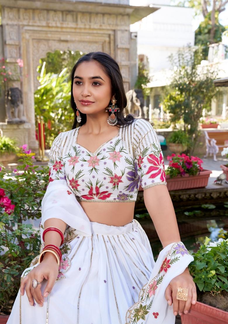 White Embroidered Cotton Lehenga Set - Indya