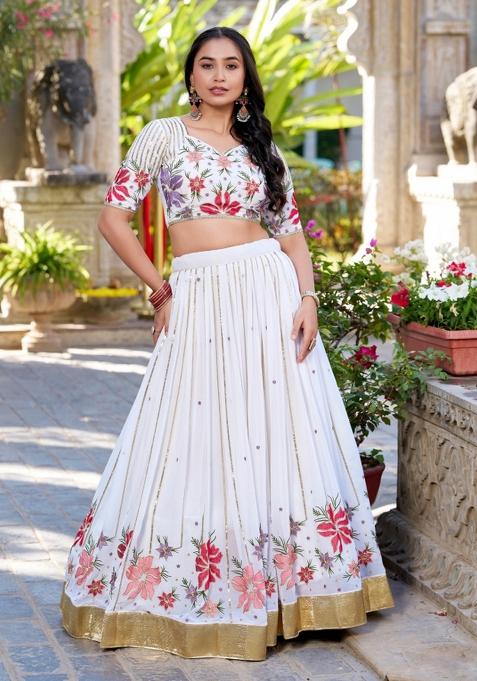 White Embroidered Cotton Lehenga Set