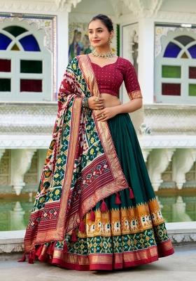 Green Printed Silk Blend Lehenga Set