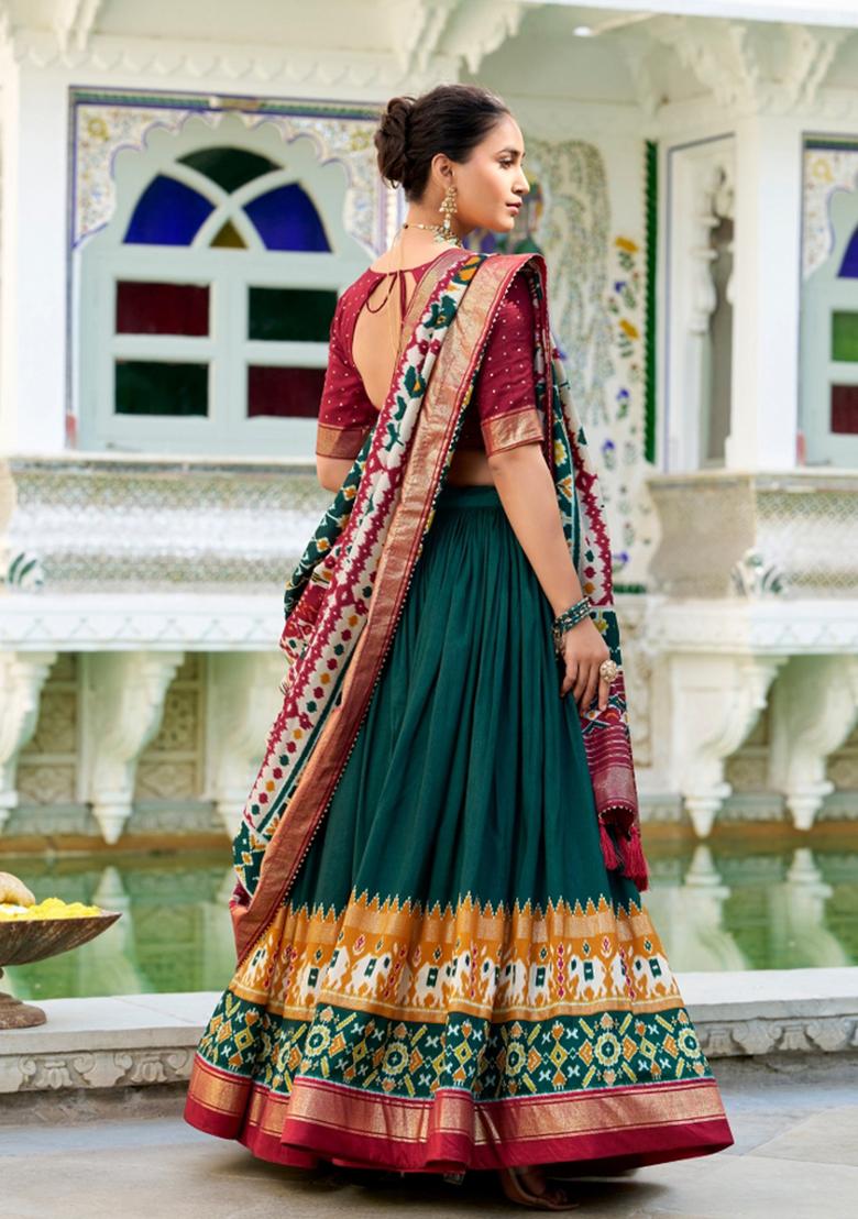Green Printed Silk Blend Lehenga Set - Indya