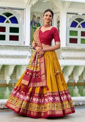 Mustard Printed Silk Blend Lehenga Set