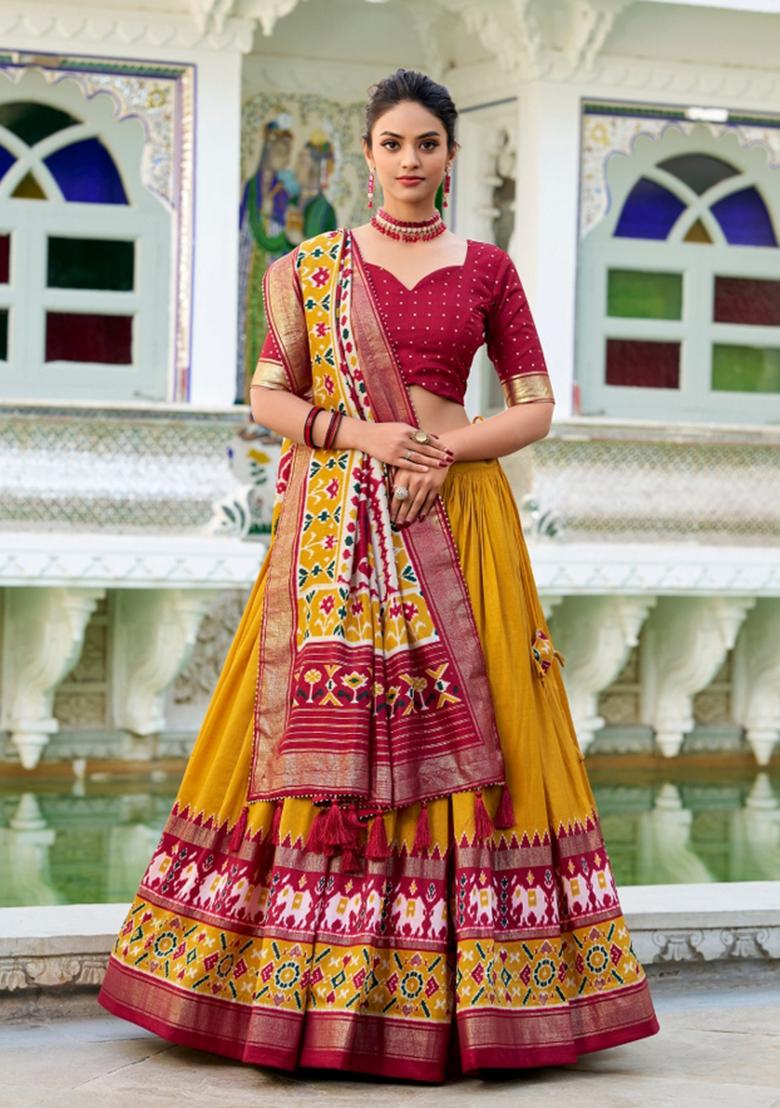Mustard Printed Silk Blend Lehenga Set - Indya