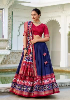Navy Blue Printed Silk Blend Lehenga Set