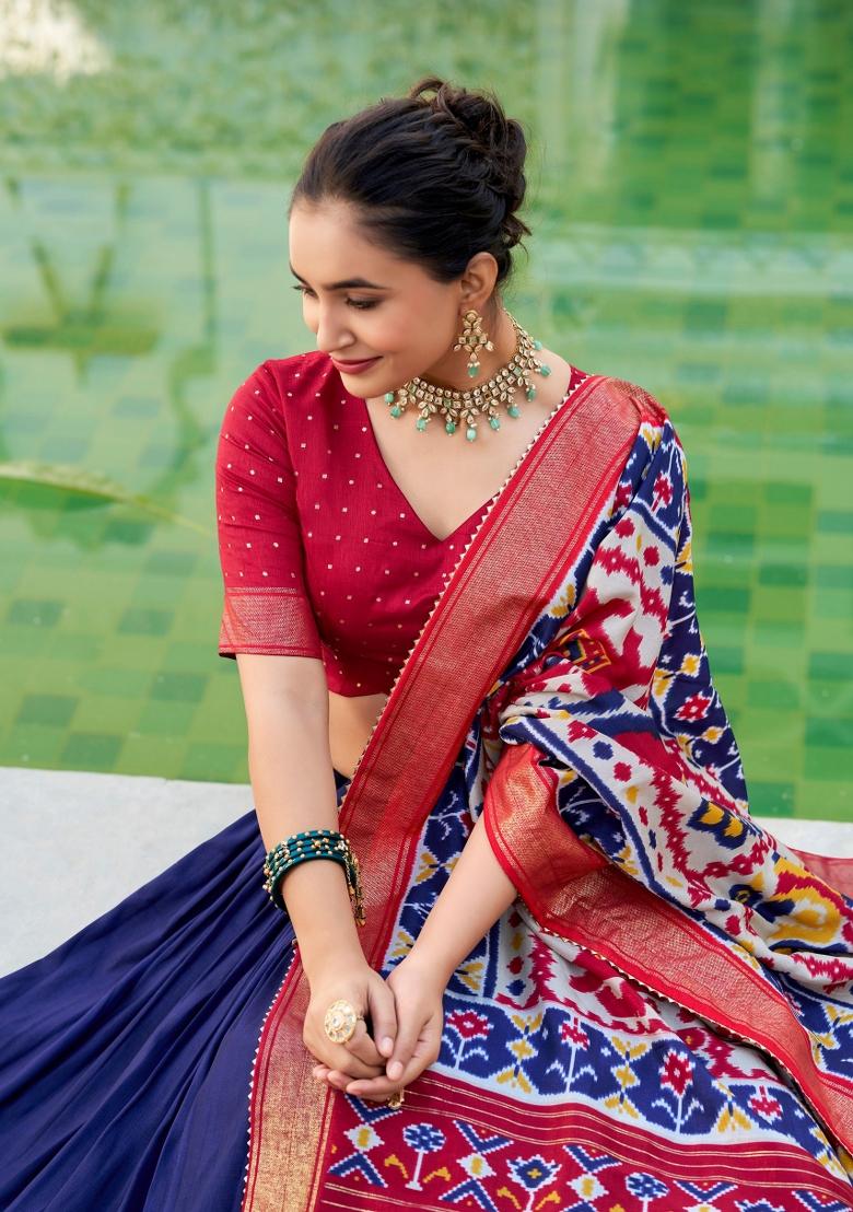 Navy Blue Printed Silk Blend Lehenga Set - Indya