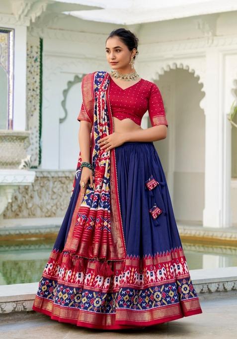Navy Blue Printed Silk Blend Lehenga Set