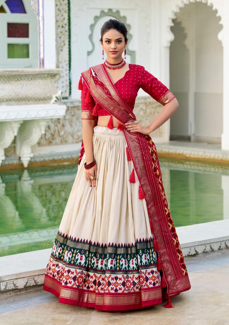 White Printed Silk Blend Lehenga Set - Indya