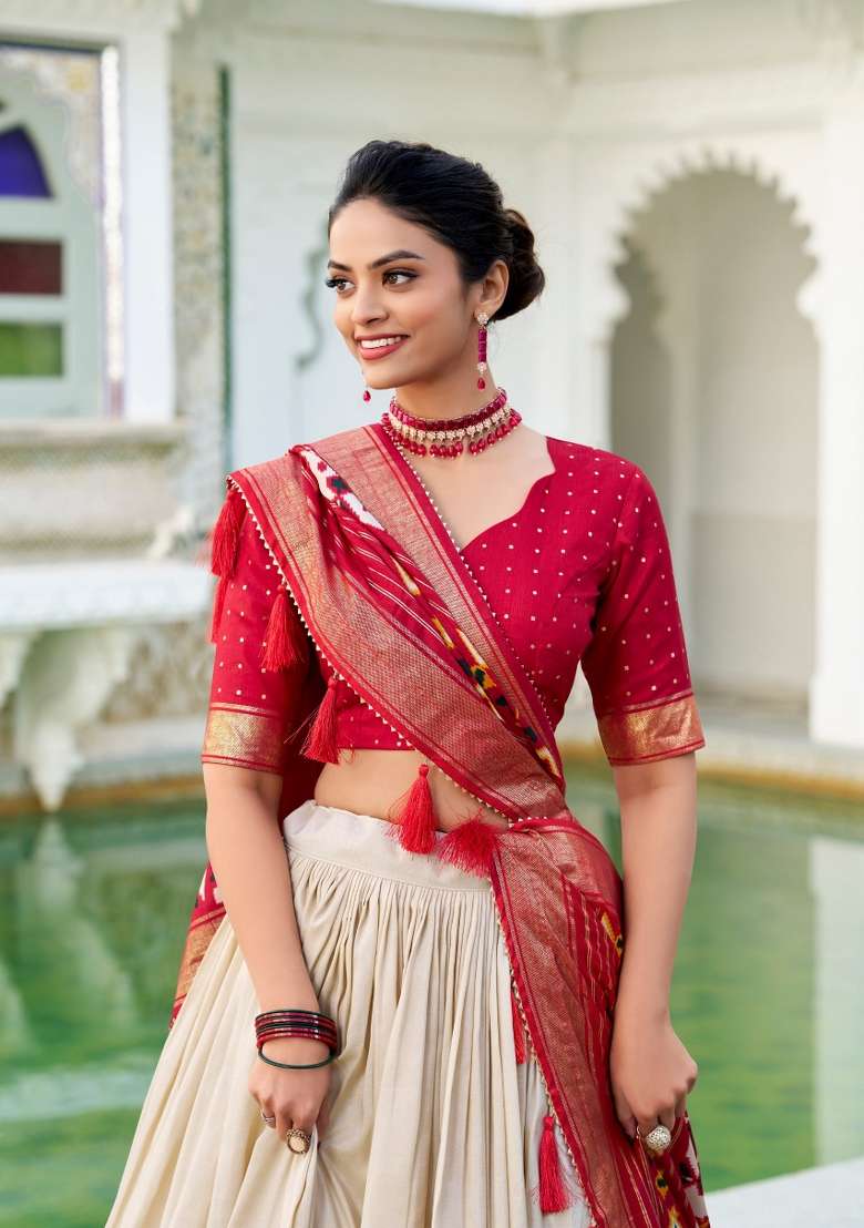 White Printed Silk Blend Lehenga Set for Diwali and Festive Wear - Indya