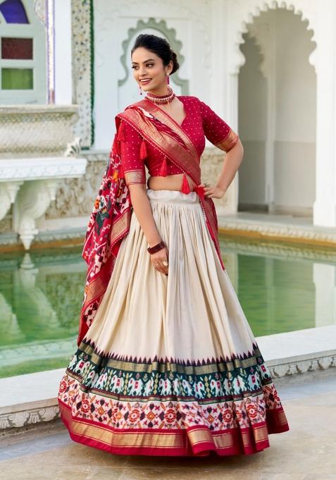 White Printed Silk Blend Lehenga Set