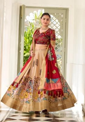 Cream Printed Silk Blend Lehenga Set