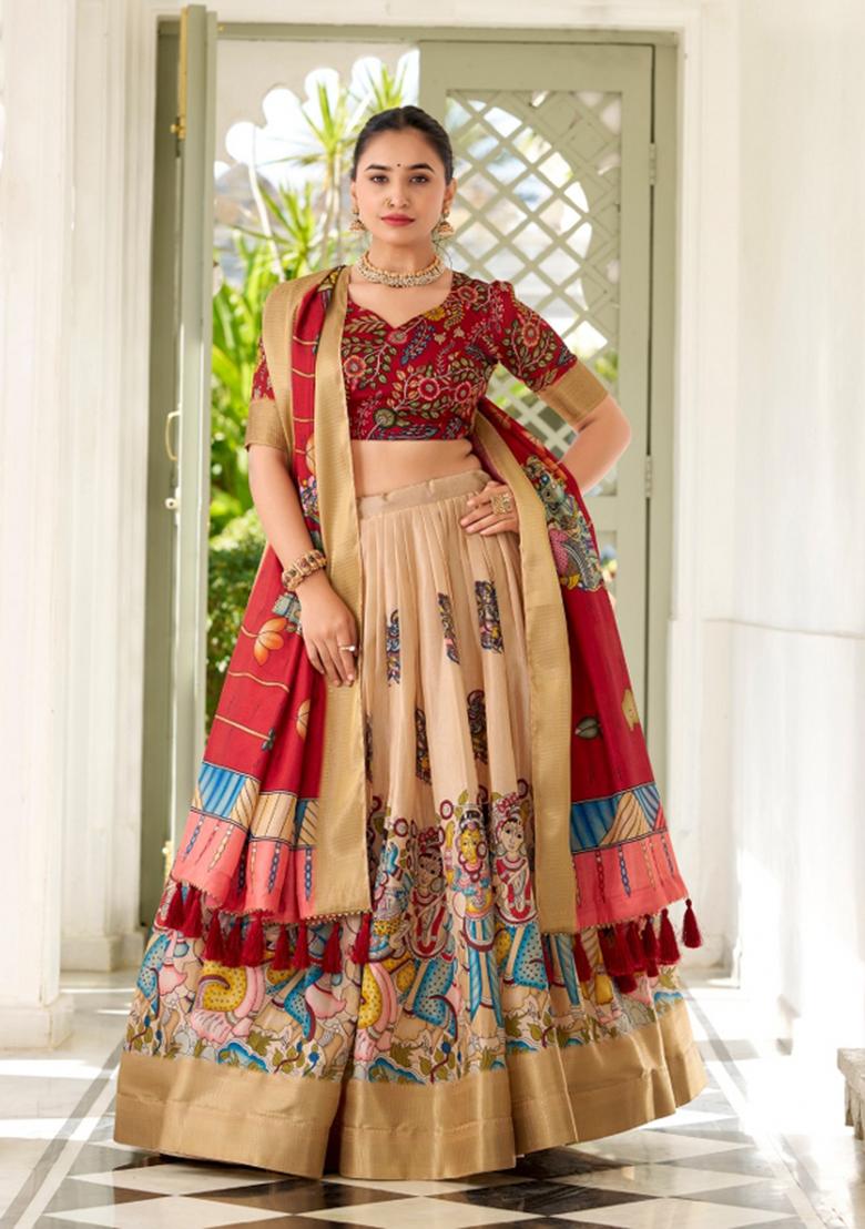 Cream Printed Silk Blend Lehenga Set - Indya