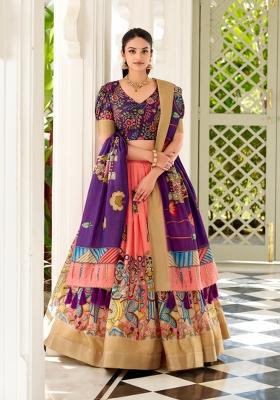 Peach Printed Silk Blend Lehenga Set