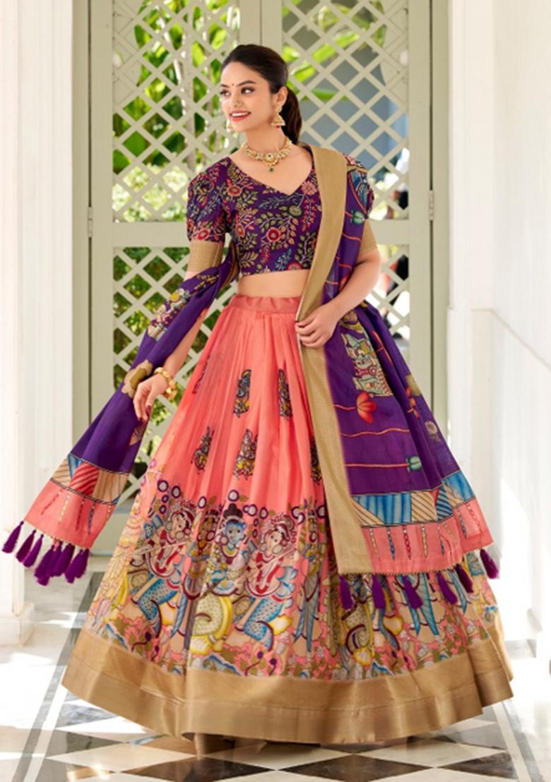 Peach Printed Silk Blend Lehenga Set - Indya