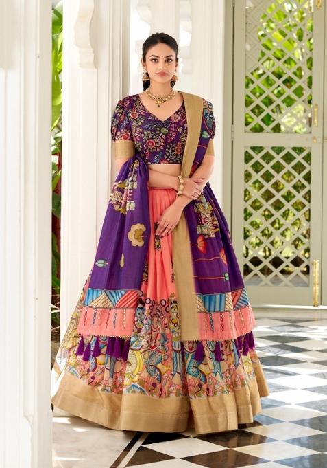 Peach Printed Silk Blend Lehenga Set