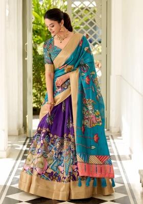 Purple Printed Silk Blend Lehenga Set