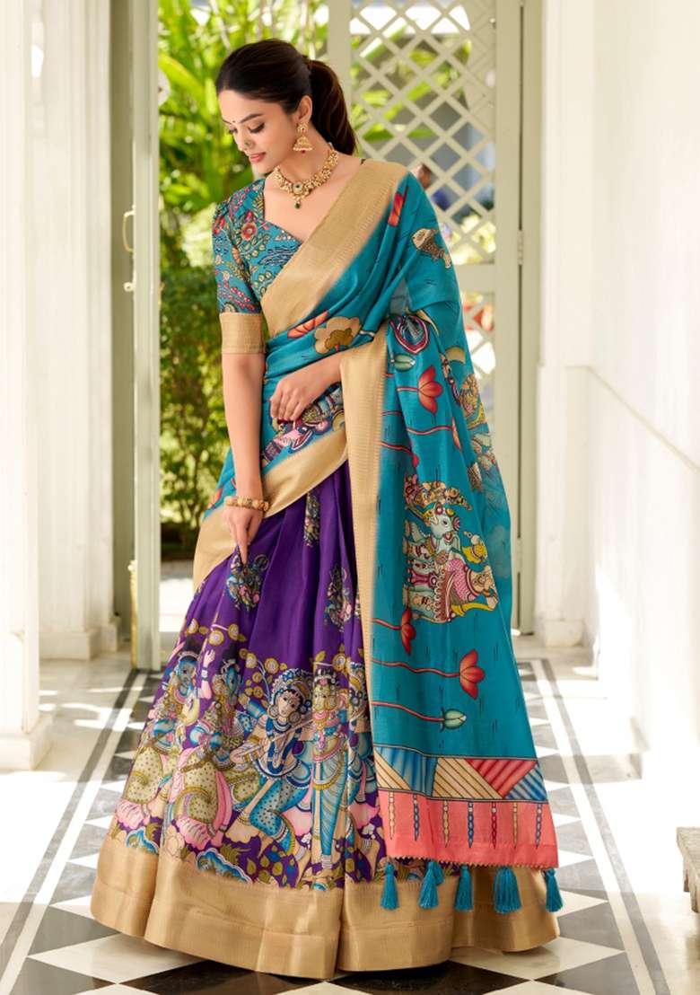 Purple Printed Silk Blend Lehenga Set - Indya