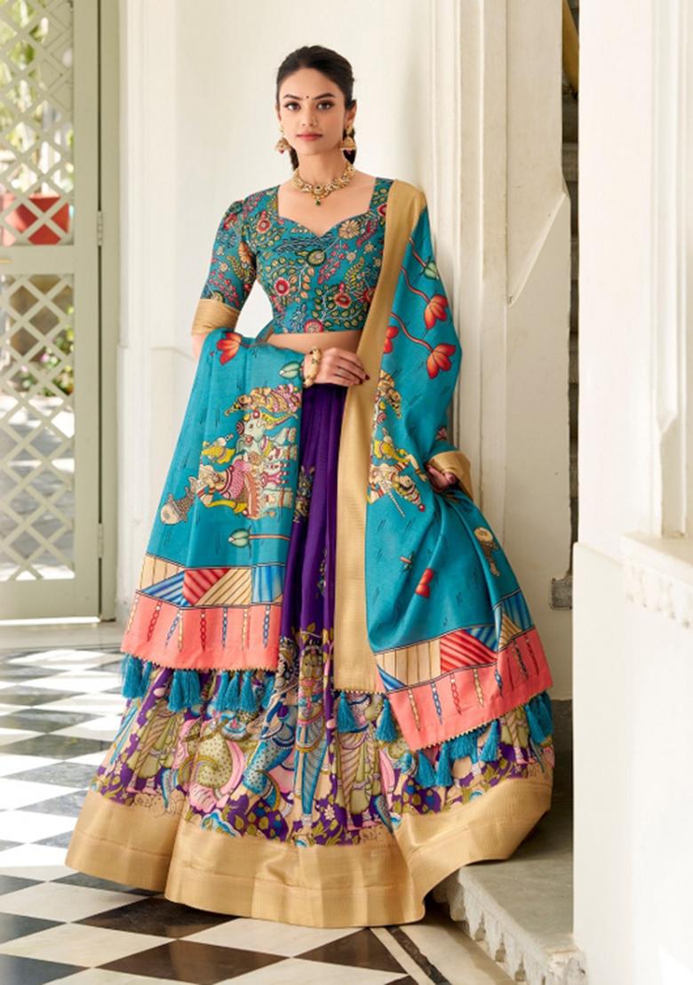 Purple Printed Silk Blend Lehenga Set - Indya
