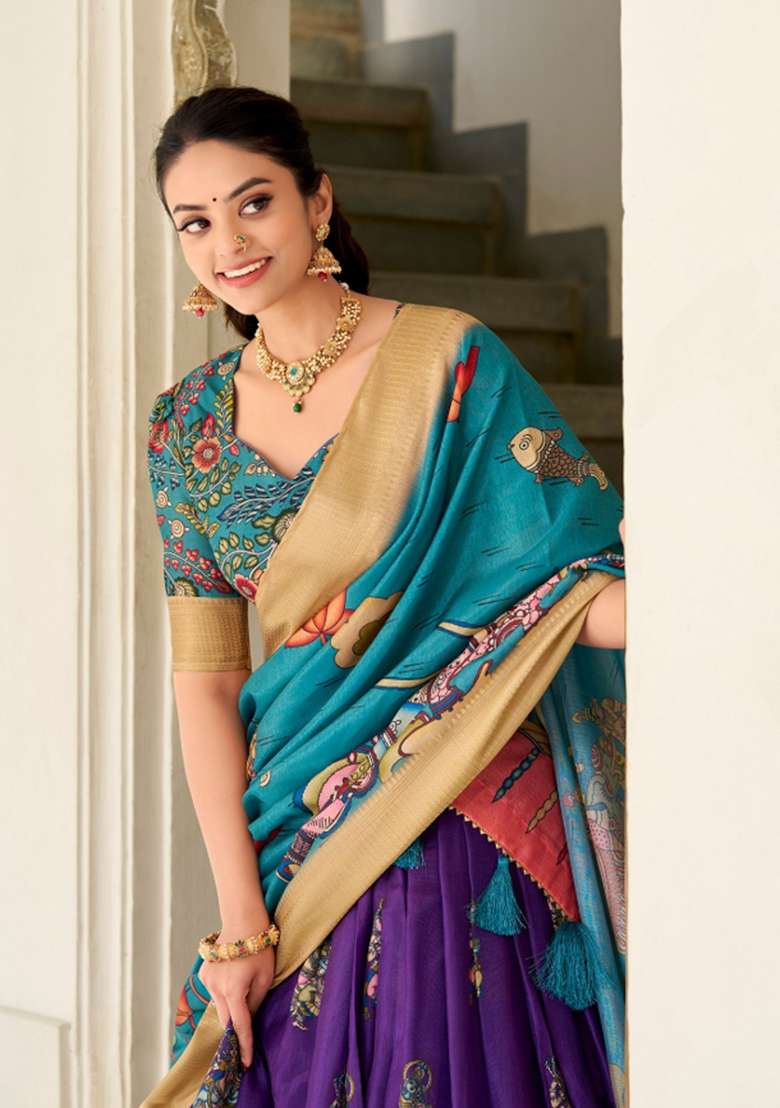 Purple Printed Silk Blend Lehenga Set - Indya