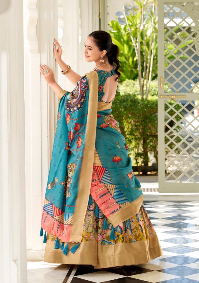 Yellow Printed Silk Blend Lehenga Set - Indya