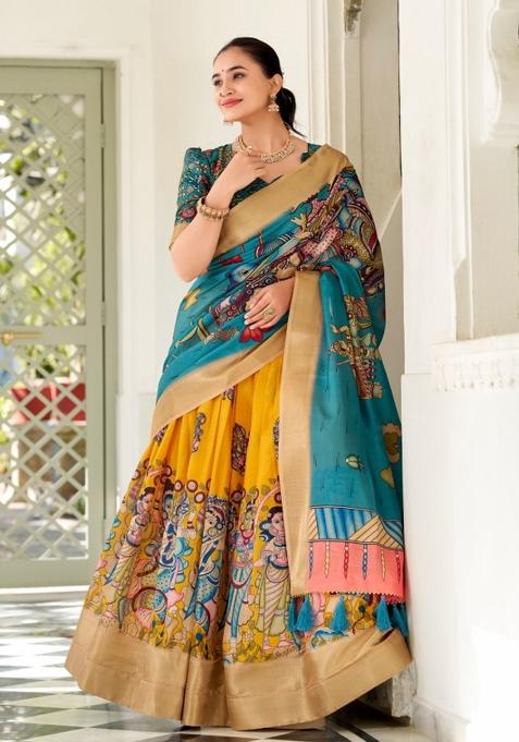 Yellow Printed Silk Blend Lehenga Set
