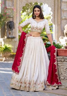 Beige Embroidered Silk Blend Lehenga Set