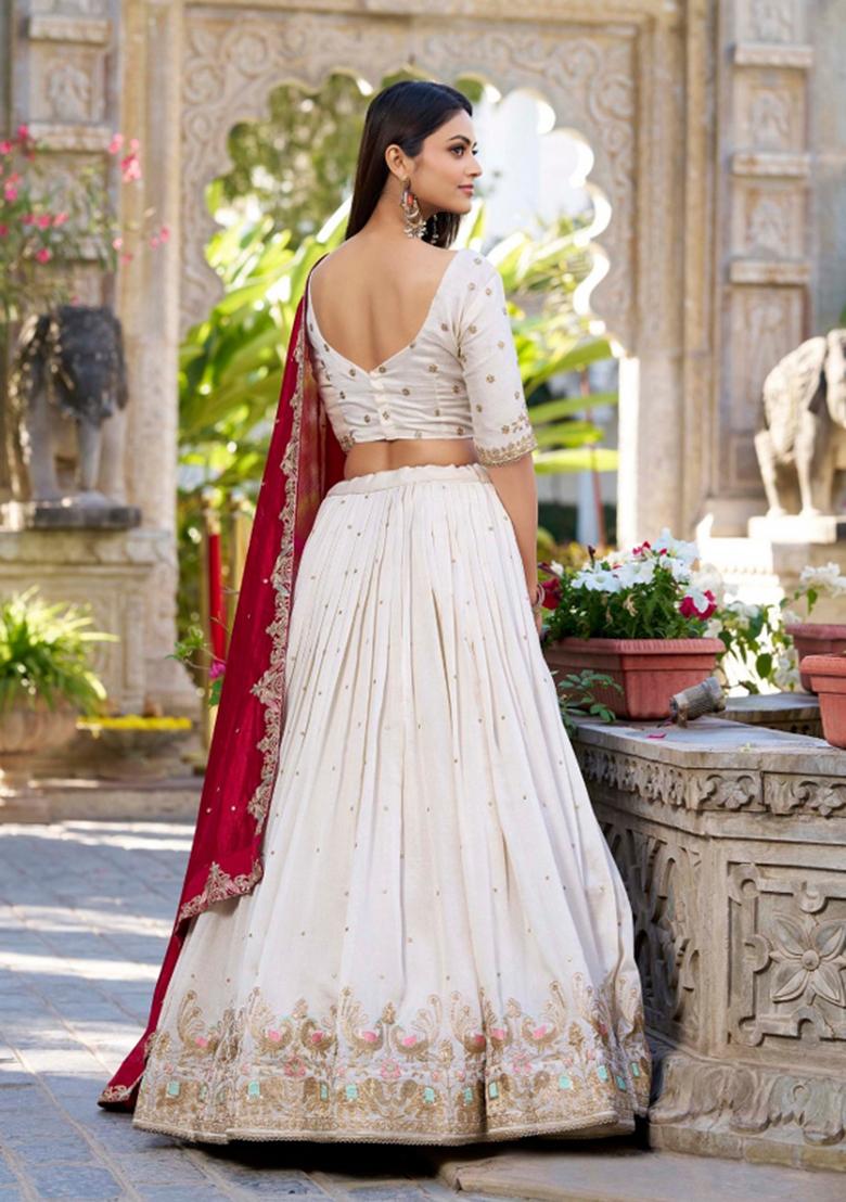 Beige Embroidered Silk Blend Lehenga Set - Indya